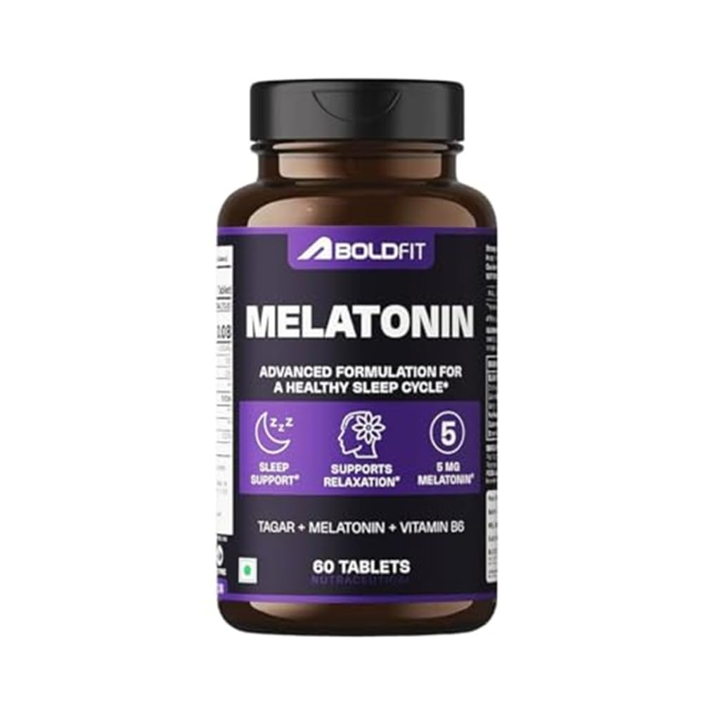 Boldfit Melatonin 5mg Sleeping Pills with Tagar 250mg and Vitamin B6 Non-Habit Forming Sleep Supplement for Men & Women Melatonin Tablets for Relaxation Sleep Routine & Night-Time Support- 60 Vegetarian Tablets